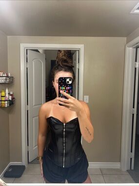 Black Faux-Leather Zipper Corset Top